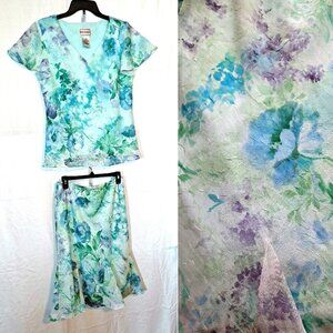 VINTAGE SET ~ BLOUSE & SKIRT ~ CHIFFON FEEL ~ FLORAL FLOWING BEAUTY ~ SUMMER 2PC